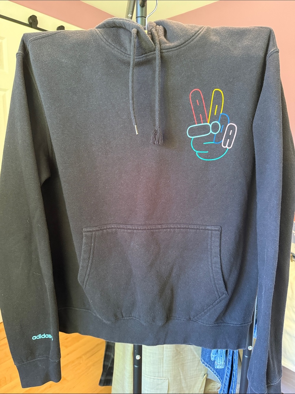 adidas Black Zip-Up Hoodie with Multicolor Peace Graphic